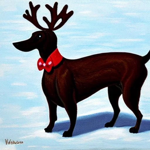 black and brown dachshund in a reindeer costume profile impressionism