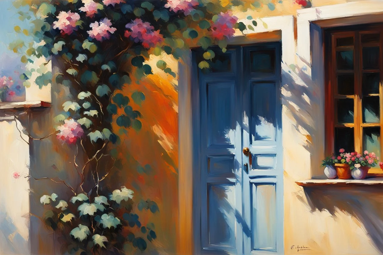 captivating and cinematic impressionist painting by Chen Chun, inspired by Pino Daeni's style, showcases a picturesque village scene. A charming, sunlit house with a potted plant adorned with vibrant, flowering vines sits at the forefront. The sunlight casts stunning shadows and highlights, creating depth and dimension, while the background reveals a serene Mediterranean landscape with elegant and refined elements. This conceptual art masterpiece, created by @challenge2pt, is a 3D render that ex