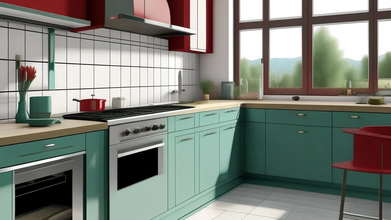 kitchen with celadon red furniture, on the left side by the window from the bottom up, a microwave and an oven installed in the furniture, and on the right side and next to it an induction hob and a cooker hood above it, on the right side there is a sink and a dishwasher underneath it