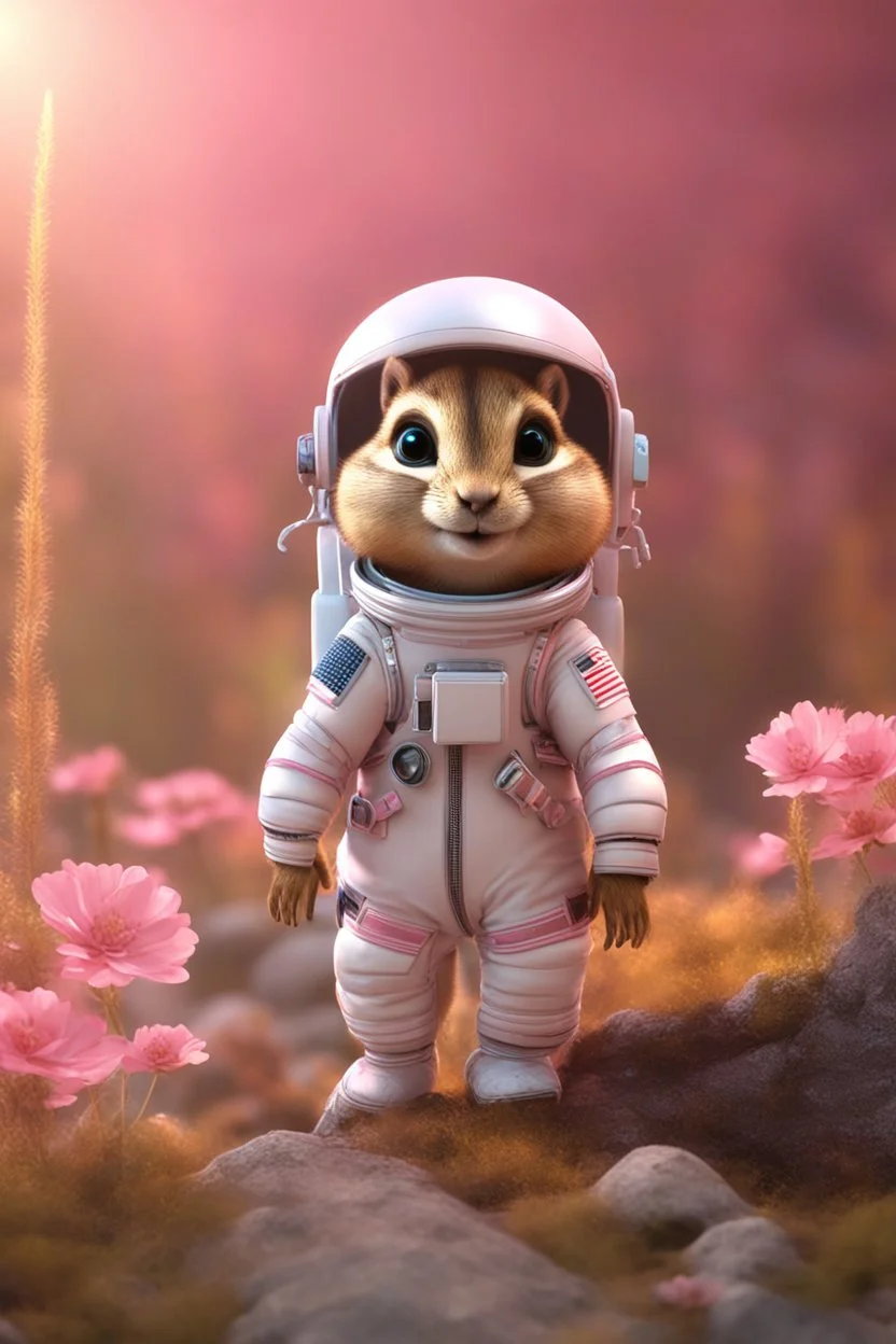 Cute 3d animated chipmunk, she is an astronaut with a pink astronaut suit on