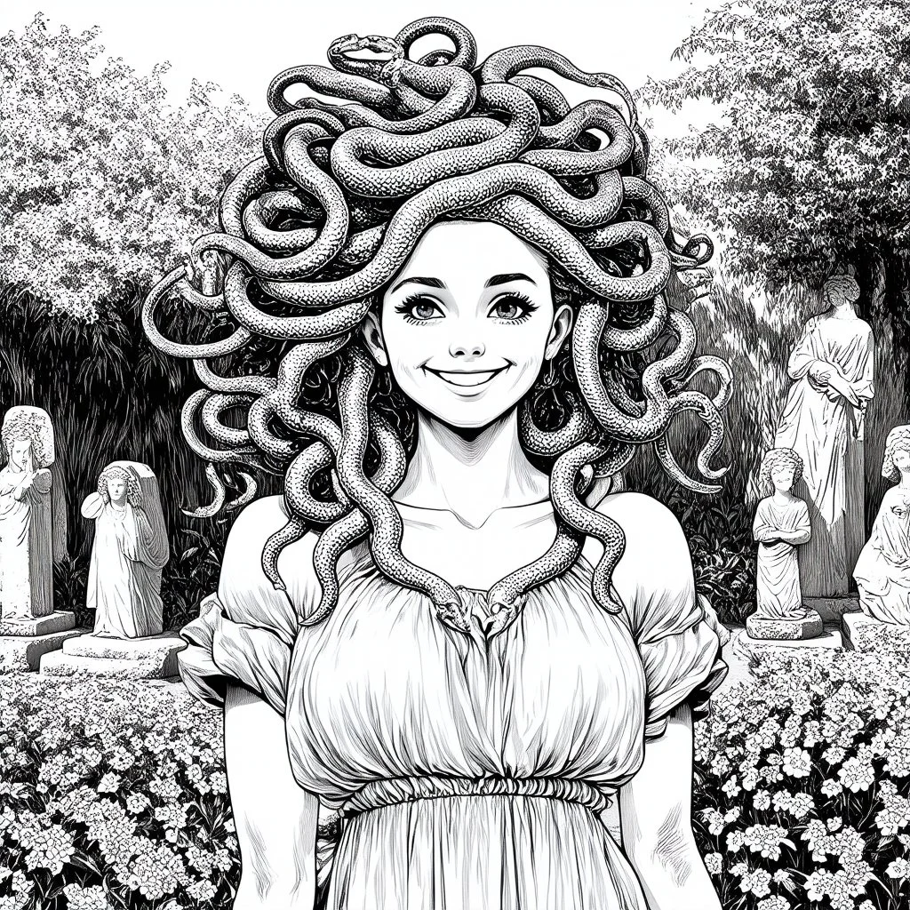 Make black and white cute drawing of a Medusa with black bold lines. Only outline, no grayscale. A Medusa with a head full of smiling, tiny snakes, instead off a hair! She’s standing in a garden of stone statues that she has lovingly decorated with flowers, showing a gentle personality.