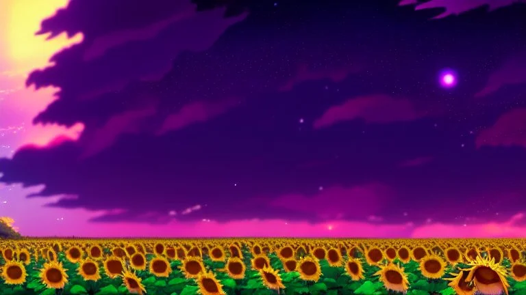 purple sky full of stars, sunflower field, anime, high res, makoto shinkai