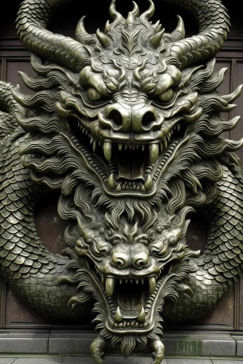 A three-headed dragon. The head on the left is the head of a lion, the head in the middle is the head of a man, and the head on the right is the head of a bull