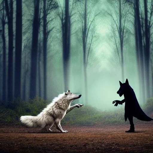 hooded magician faces wolf in a clearing in the forest