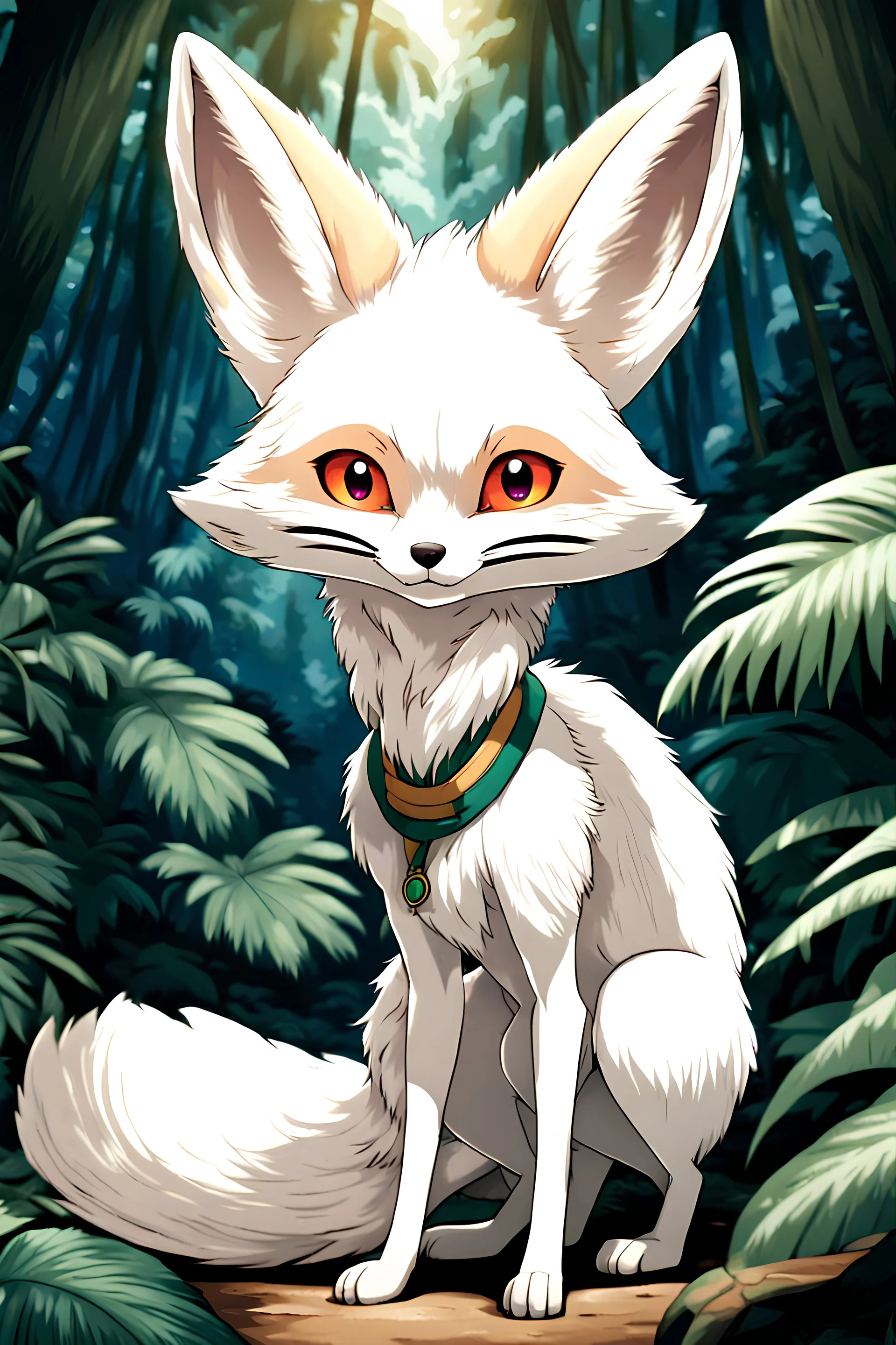 In anime, an anthropomorphic white fur fennec fox is a male character in the tropical forest.