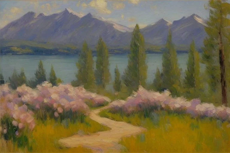 Sunny day, mountains, flowers, pathway, pine trees, lake, distant trees, theodore robinson impressionism painting