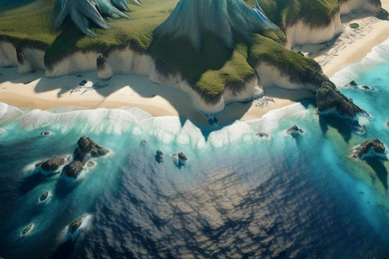 Extreme long shot, Birds Eye view, ocean landscape, smooth, god rays, unreal engine 5, ray tracing, RTX, lumen lighting, ultra detail, volumetric lighting