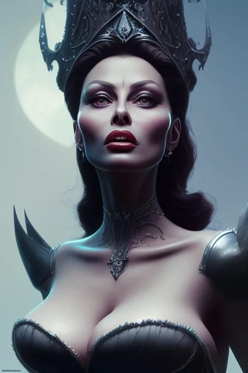 Sophia Loren as evil queen in black leather, cleavage, angry, stern look. character design by cory loftis, fenghua zhong, ryohei hase, ismail inceoglu and ruan jia. unreal engine 5, artistic lighting, highly detailed, photorealistic, fantasy