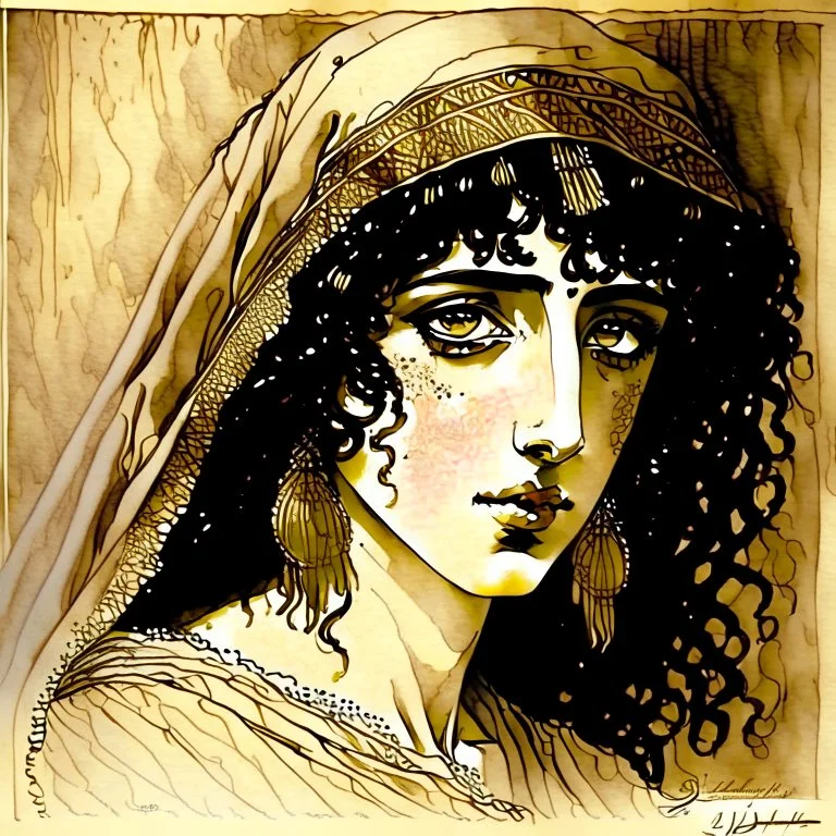 Beautiful Egyptian gypsy with big brown eyes, Subdued lighting. Muted color palette. Modifiers: elegant intricate very attractive beautiful award winning fantastic view hyperrealistic ultra detailed high definition matte background watercolor Arthur Rackham Gustav Klimt pen and ink Johannes Vermeer Aubrey Beardsley