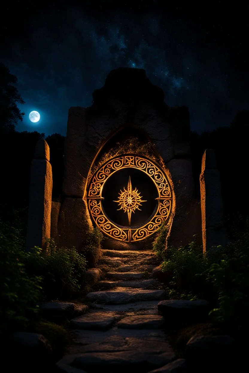 Stone moongate with eldritch symbols. glowing at night under a full moon dark fantasy