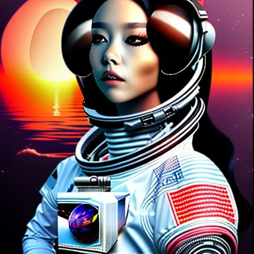 black long hair lady astronaut top under sunset