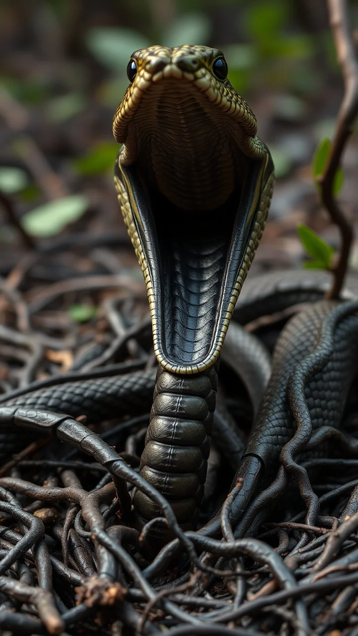 A snake head cobra open mouth black vein, human veins, mixing together a lot of them, like a forest, big and small veins a lot of them,
