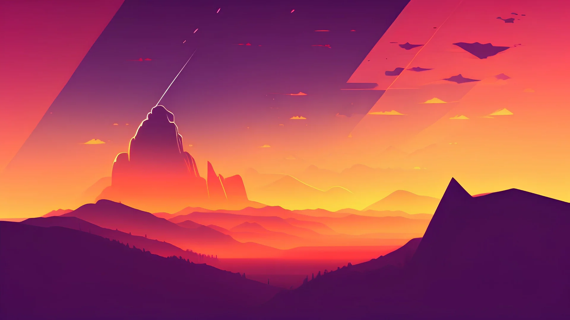 Multiple layers of silhouette mountains, with silhouette of big rocket in sky, sharp edges, at sunset, with heavy fog in air, vector style, horizon silhouette Landscape wallpaper by Alena Aenami, firewatch game style, vector style background