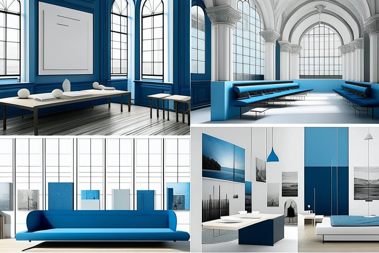 mood board for architectural graduation project and its a museum and the colors are blue and white and the furniture for a paintings museum