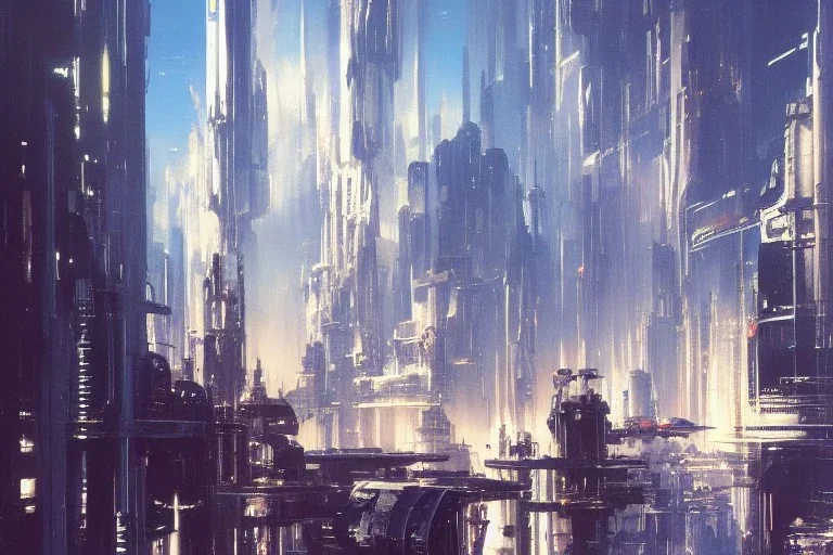 Art by John Berkey and John Harris, futuristic city, high-rise, smooth, sharp focus, highly detailed, digital painting, concept art, elegant, centered, Taris Star Wars, connected