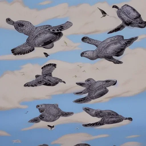 turtle and sky with a flock of birds