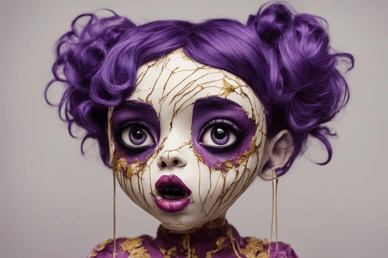 full color, illustration of a darkpurple and gold tones, menacing, Singer Melanie Martinez face, as a decayed, broken, crude homemade cloth doll toy, with a narrow cracked porcelain face, thick dark eyebrows, hair in two gradually, made from ragged strips of cloth, in the style of Alex Pardee, Tim Burton, and Nadya Sheremet