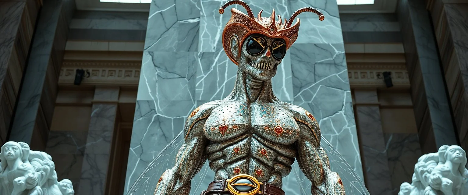 coy insect cyberpunk cowboy brilliant detailed full figure portrait disco glittery fluffy muscle man dino anime in the style of Escher and Giger in front of dented marble tower of transparent glass statues