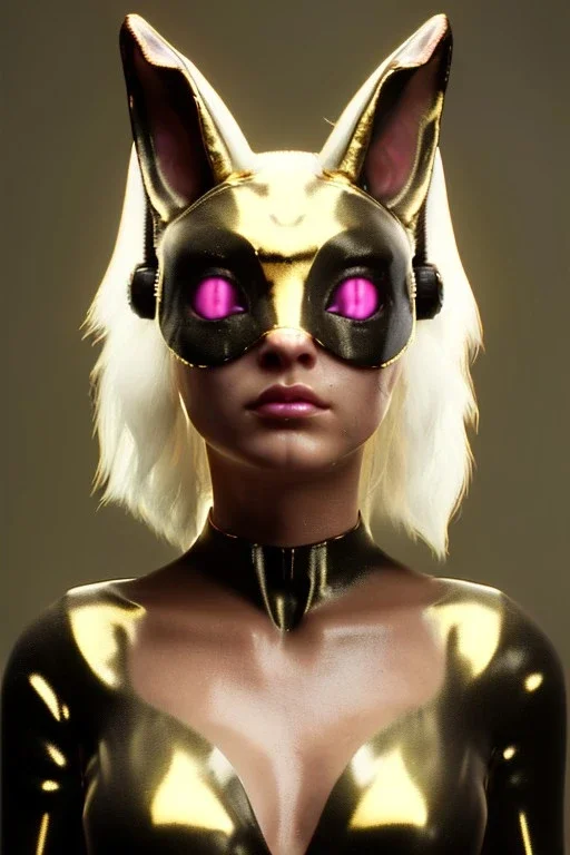 Medium Close Up Portrait, Front image. cyberpunk, rabbit mask, asian woman, gold hair. Latex suit. white, pink, color. Playboy style. Color background, photo studio. Avatar image, highly detailed, concept art, smooth, unreal engine 5, ray tracing, RTX, lumen lighting, ultra detail, volumetric lighting, 3d, finely drawn, high definition, high resolution.