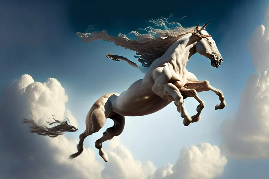 antrophpmorphic half-human, half-horse creature (Centaur) with human head flying after a dynamic jump in the sky