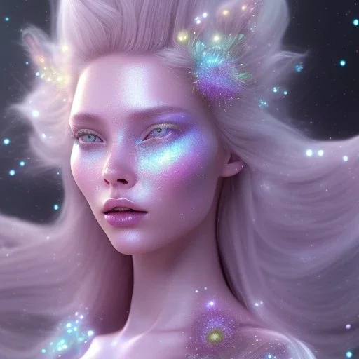 one big crystal glitter pink blue subtle galactic fairy in a galactic ambiance,glitter long blond hair down to the ground,transparent petals,blue eyes,delicate colors in the foreground, full of details, smooth，soft pink violet light atmosphere, light effect，vaporwave colorful, concept art, smooth, extremely sharp detail, finely tuned detail, ultra high definition, 8 k, unreal engine 5, ultra sharp focus