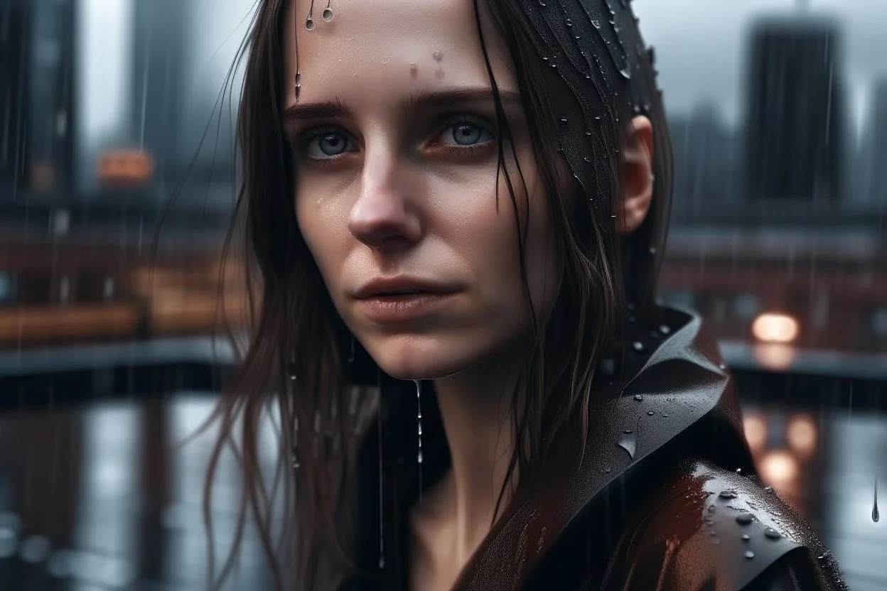 Retrato fotográfico realista de mujer, pelo moreno, mojada por la lluvia, con la ciudad difuminada al fondo, estilo gótico futurista