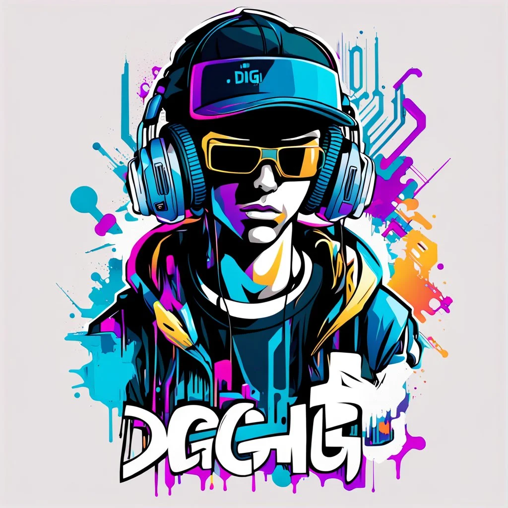 Vector t shirt art ready to print abstract color graffiti illustration of a cyberpunk boys and a basecap with text "Digi".On cap, headphone, white background.