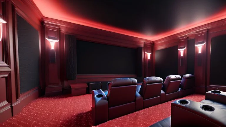 Generate an image of a state-of-the-art home theater setup, complete with our premium audio and visual solutions