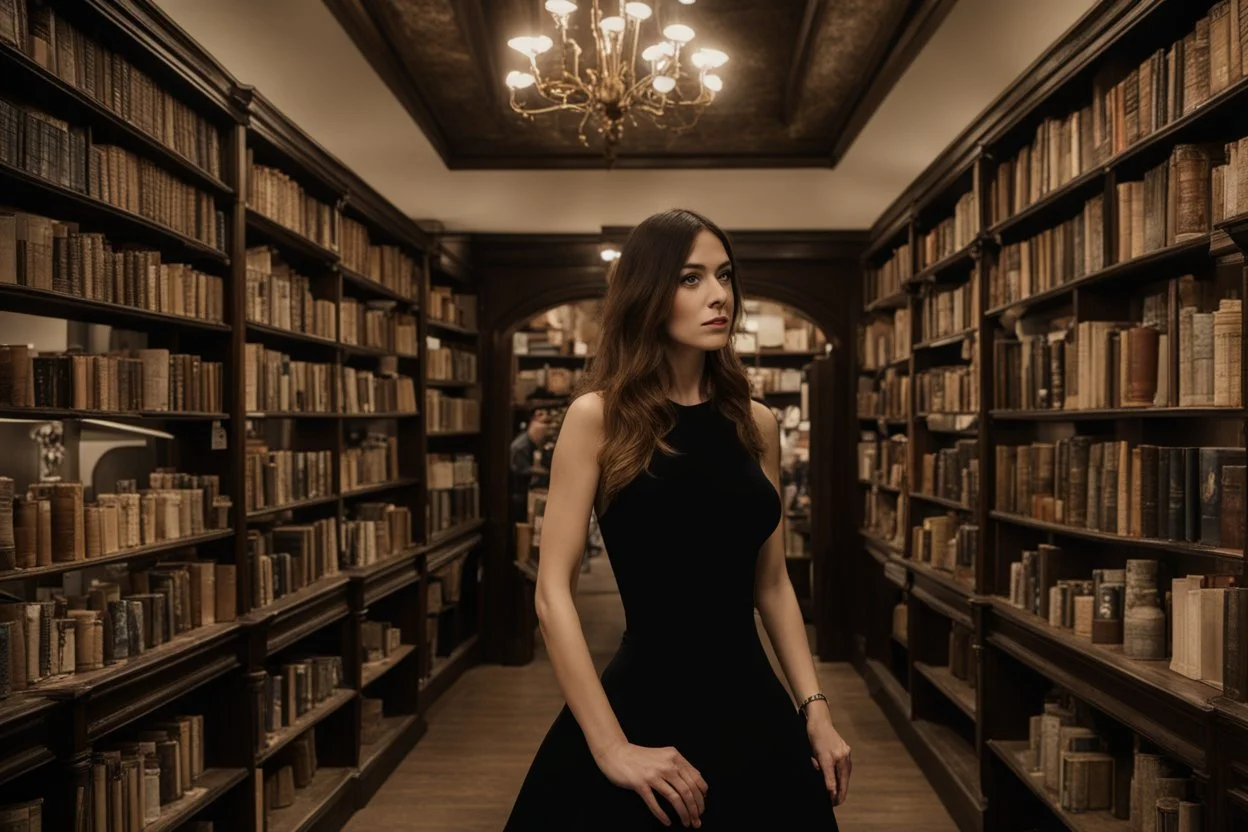 full-height shot of a woman in a tight black dress, inside a large magic book shop, books, bottles, windows