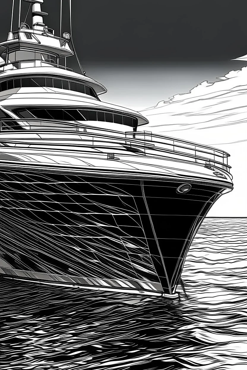 Outline art, no shading, yatch, black and white, lno shading, ow detail, --ar 9:11