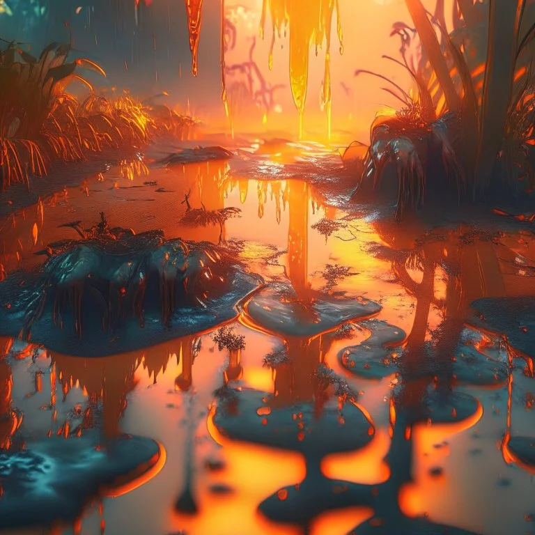 fantasy jungle at sunset, puddles on ground, covered with glowing orange slime, photorealistic, unreal engine 5, masterpiece, trending on artstation, sharp focus