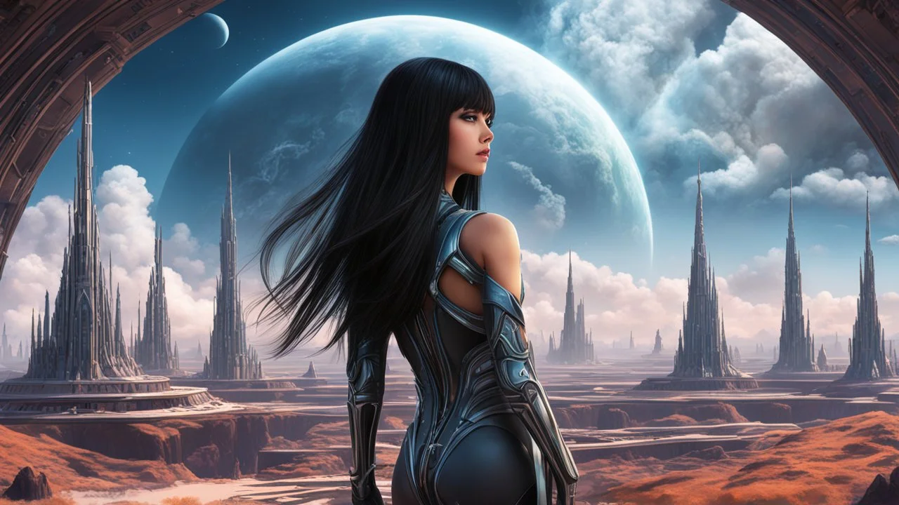 exotic slim sci-fi girl, with long dark hair with bangs, on an alien planet with cloud trees, tall spires, buildings, bridges, arches, photorealistic