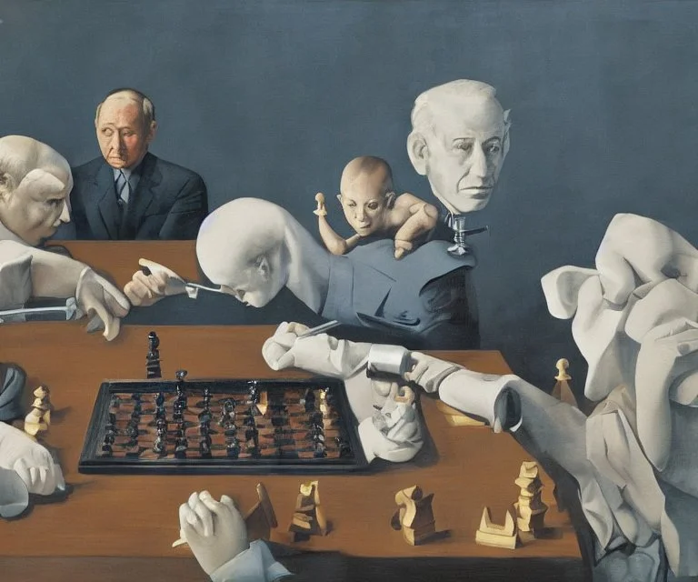 Complex Surgical Instruments,Putin, President Xi Of China And Joe Biden Play Chess with a Newborn Boy,Minimalism,Painting By Lucian Adrian Ghenie,Michelangelo,Freud,Rene Magritte,Salvador Dali,Pablo Picasso