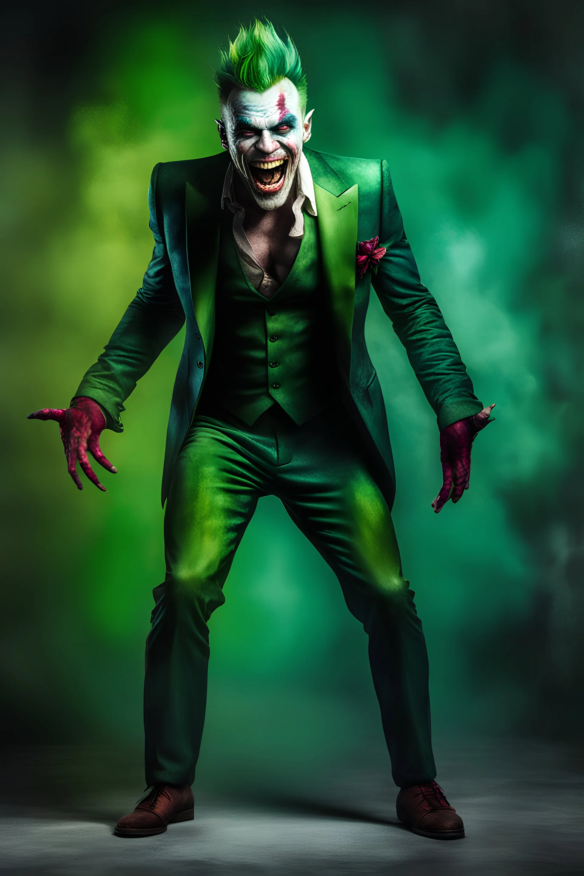 a multicolored, watercolor stained, wall in the background, inspired by all the works of art in the world - laughing - Billy Miller, an extremely muscular vampire werewolf zombie Joker with an emerald mohawk, full body image, wearing a skinsuit, Absolute Reality, Reality engine, Realistic stock photo 1080p, 32k UHD, Hyper realistic, photorealistic, well-shaped, perfect figure,