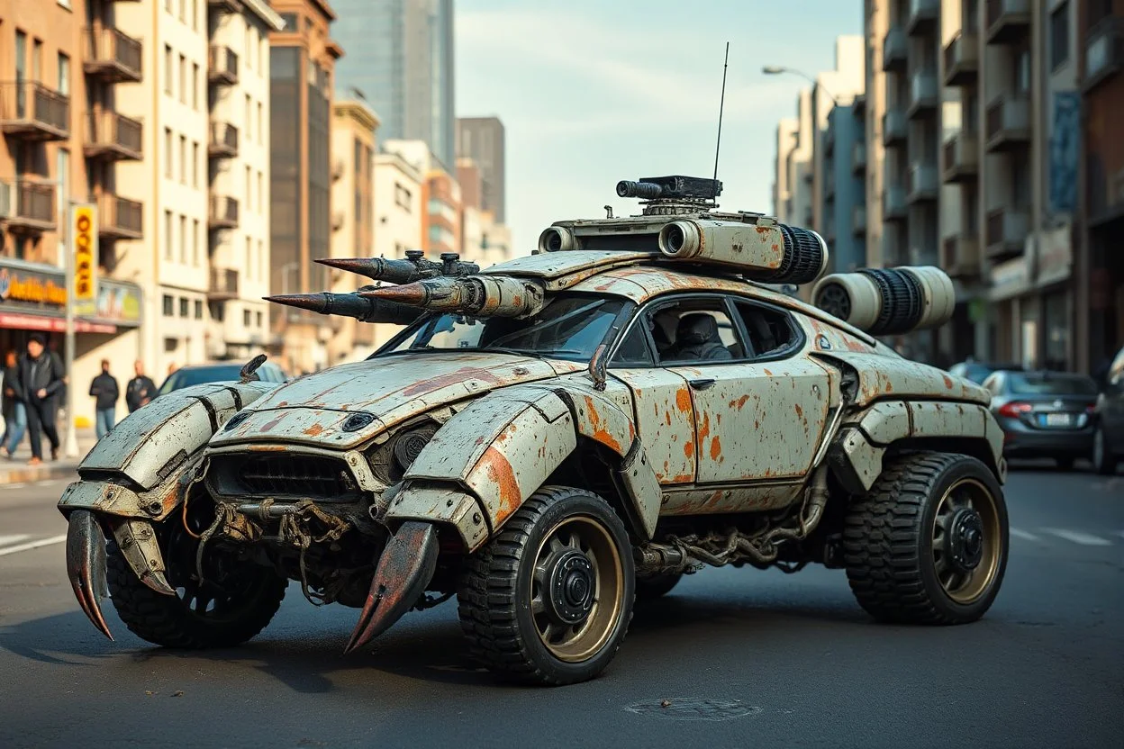 A car that's a hybrid between a organic crab and a mecanic tank, robotic, ready for battle, worn-out, with large rims and tires, fully mechanical, on a street in post-apocalyptic cities.