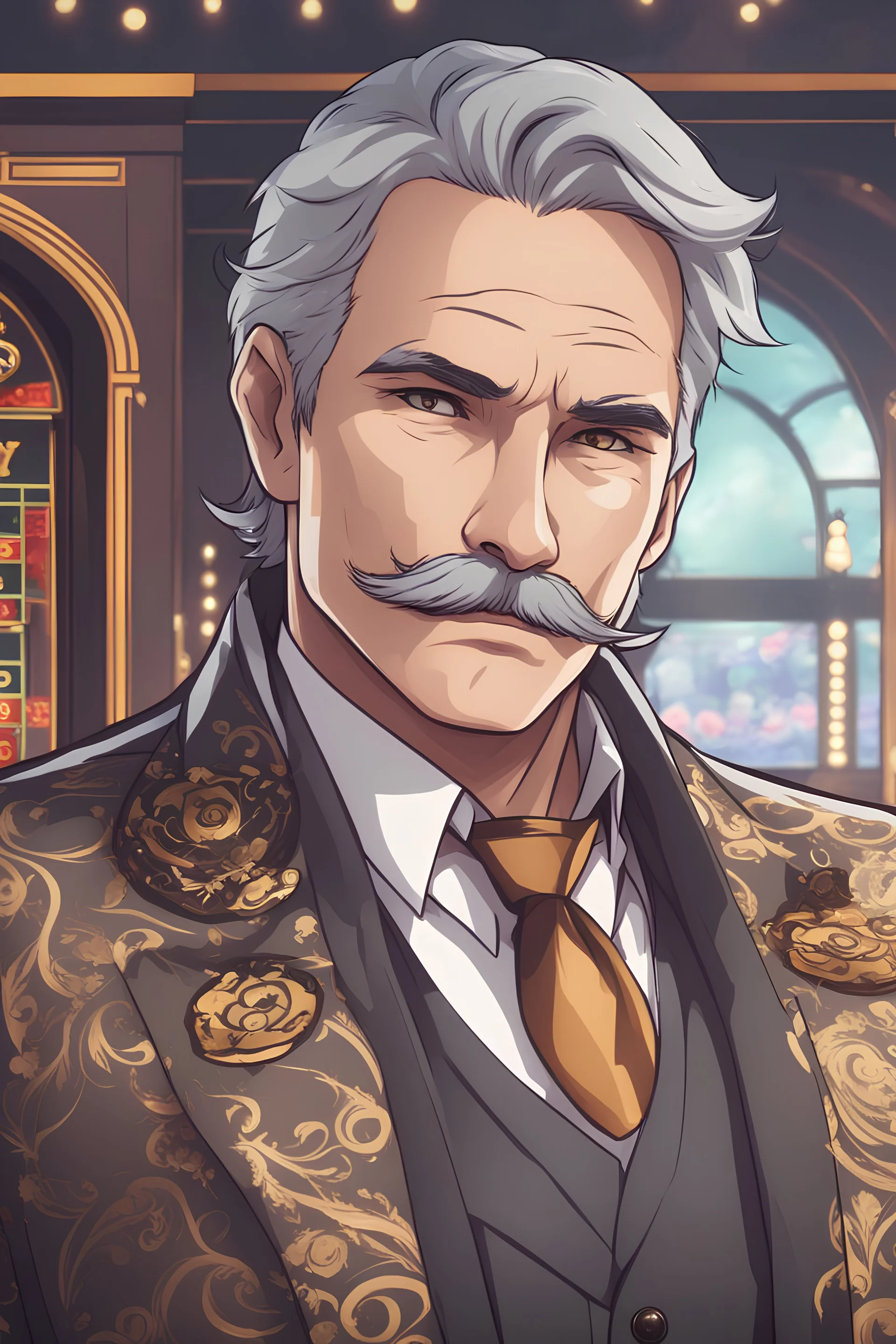 Man with gray hair, brown eyes, fancy mustache, nice suit, casino background, RWBY animation style