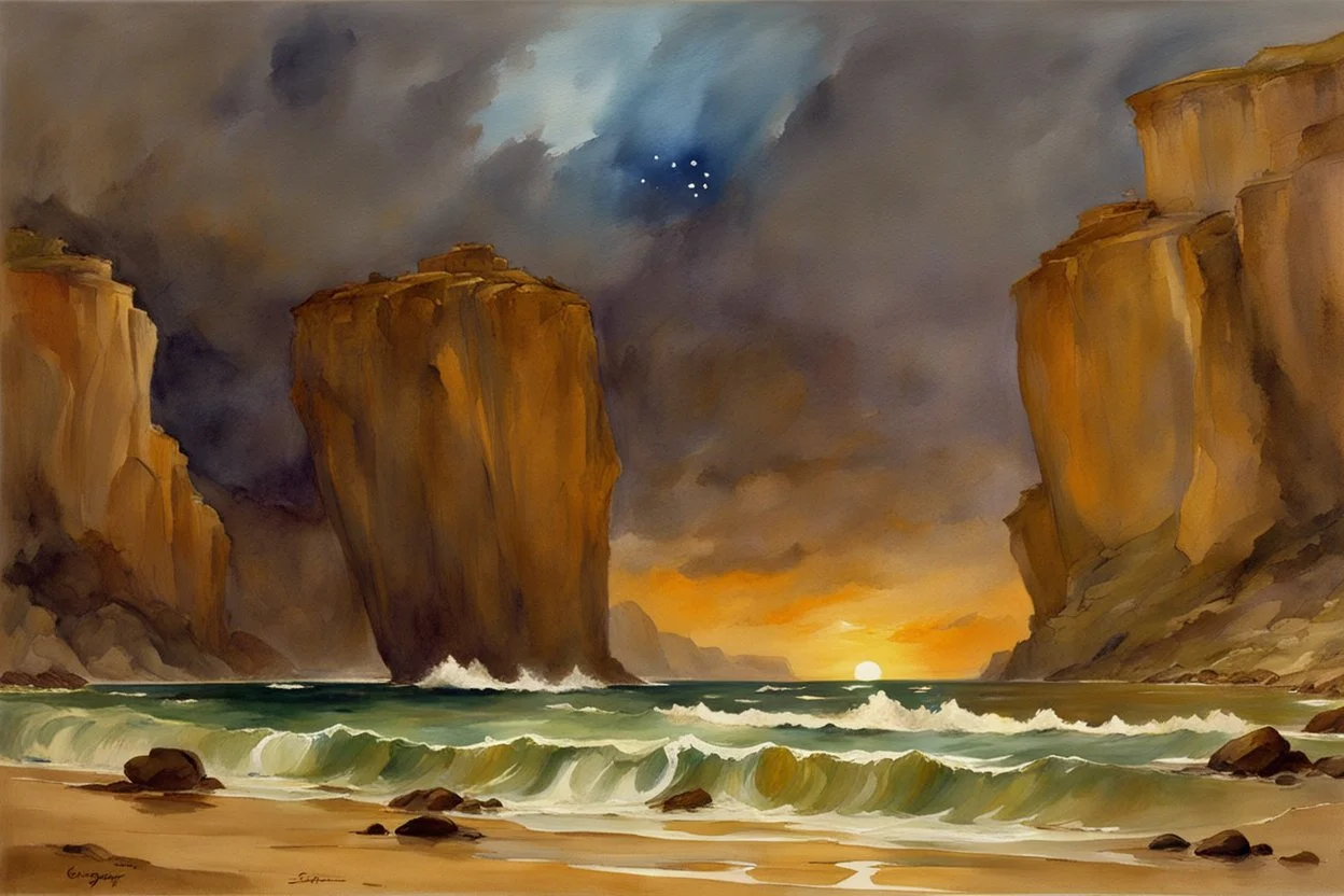 Night, rocks, cliffs, sci-fi, distant mountains, sea, waves, sand, seashore, epic, fantasy, john singer sargent watercolor paintings