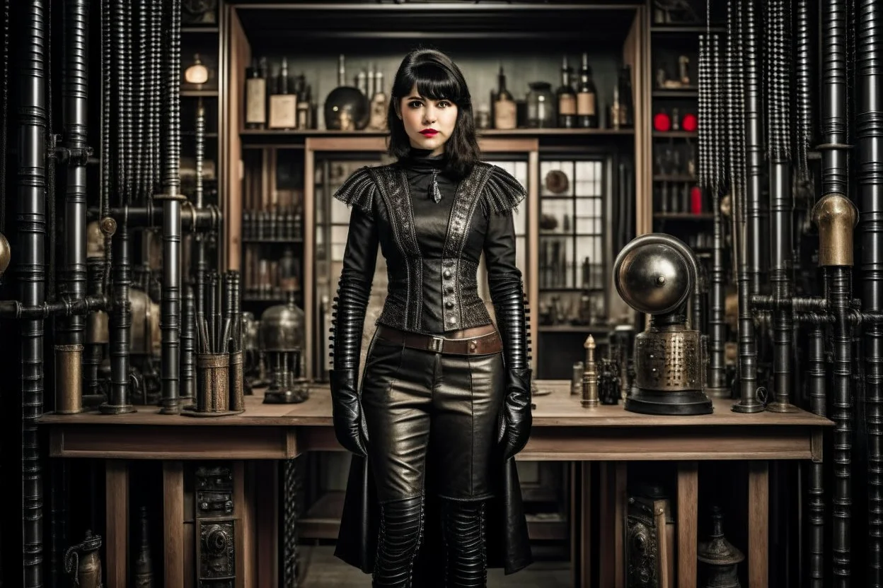 full-length pale dark-haired woman with a straight bob hairstyle with a fringe, in a steampunk leather outfit, and gloves, standing in a laboratory