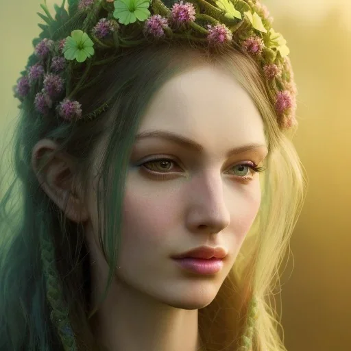 A beautiful female celtic druid with hair made out of flowers, digital art, HD, 8k, high definition, very high quality, detailed eyes, nature, druid, fantasy, sexy, nude