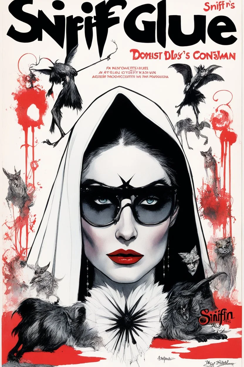 SNIFFIN’ GLUE magazine high res photo cover by Ralph Steadman: special issue #2442 on Lucifer's bride, guest star: Hagen as a demonic nun in agent provocateur [a lot of writing and table of content issues like indie magazines]