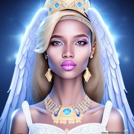 portrait of a beautiful somalian woman with an angel face smiling,long blond hair, blue eyes, pink and blue dress, jewels, soft light aura