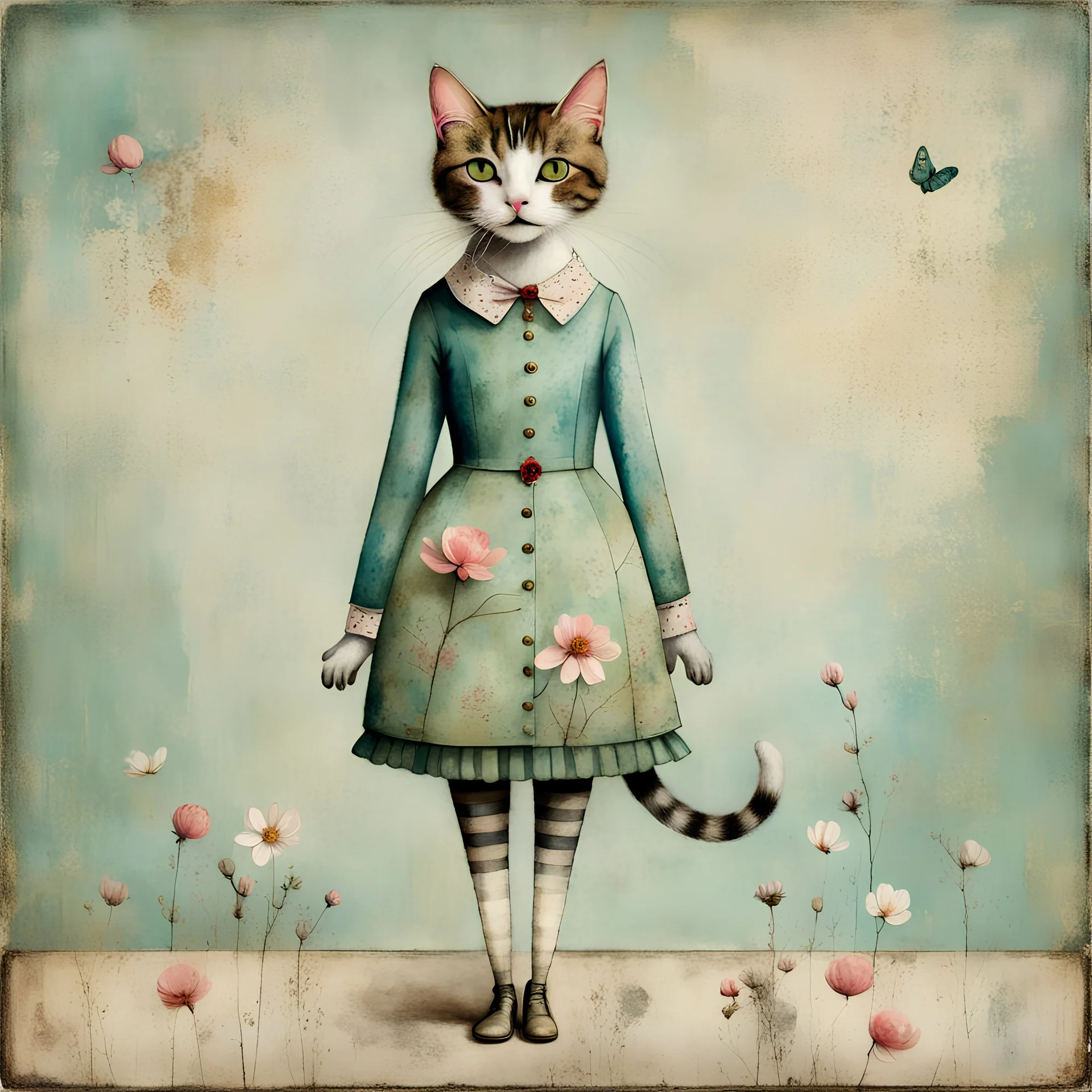 Mixed media painting of a whimsical cat in vintage spring themed clothes, full length including feet, standing, in the style of Catrin Welz-Stein, MINIMAL DESIGN, stylize 200 encaustic