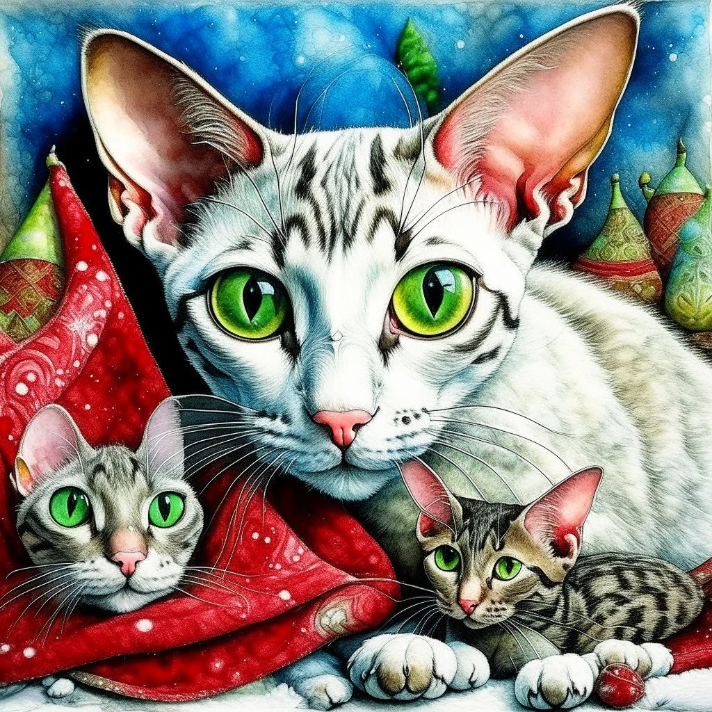 Surreal mixed-media combining wet watercolor, tempera paint, and fine line pen drawing of a wedge shaped face, large ears, green eyed, blue and white mackerel tabby, Oriental Shorthair and a chocolate point Siamese cat sitting together on a blanket with toy red mouse and at xmas time