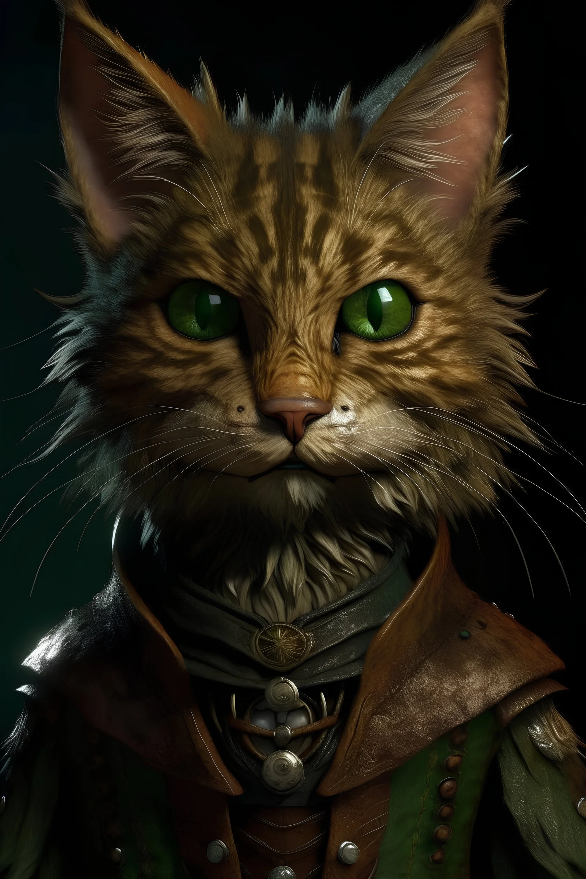 A realistic humanoid cat, with scruffy tabby fur, wearing a leather doublet, green eyes and tattered ears