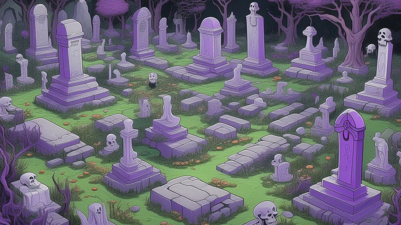 A purple haunted graveyard with ghosts designed in ancient Greek pottery painted by Qiu Ying