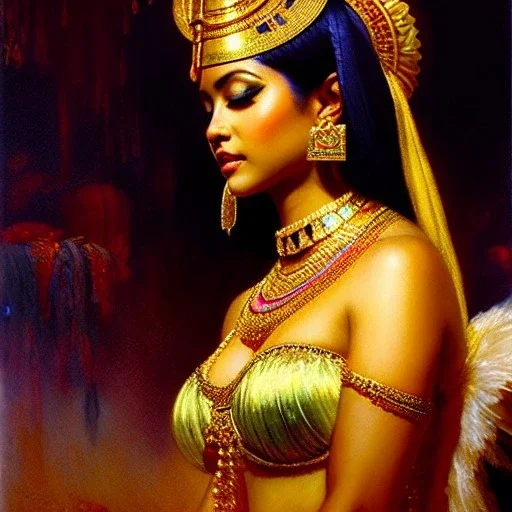 Drawing of beautiful face,busty 'cleopatra',sweet stare,throne,hieroglyphics,balanciaga fashion clothe painting by gaston bussiere, greg rutkowski, yoji shinkawa, yoshitaka amano, tsutomu nihei, donato giancola, tim hildebrandt, oil on canvas, cinematic composition, extreme detail,fit full head inside picture,16k