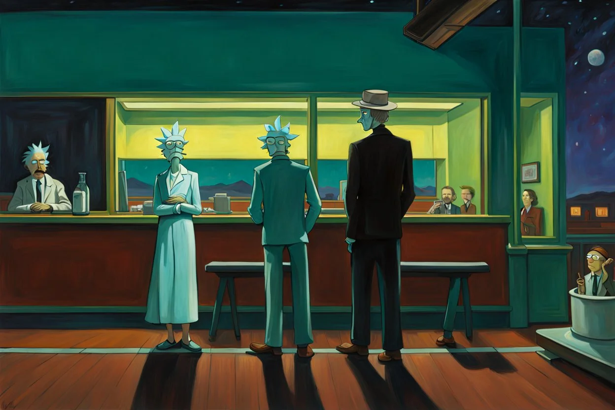 Edward Hoppers "Nighthawks" mit Rick Sanchez und Morty Smith an Stelle des Ehepaars