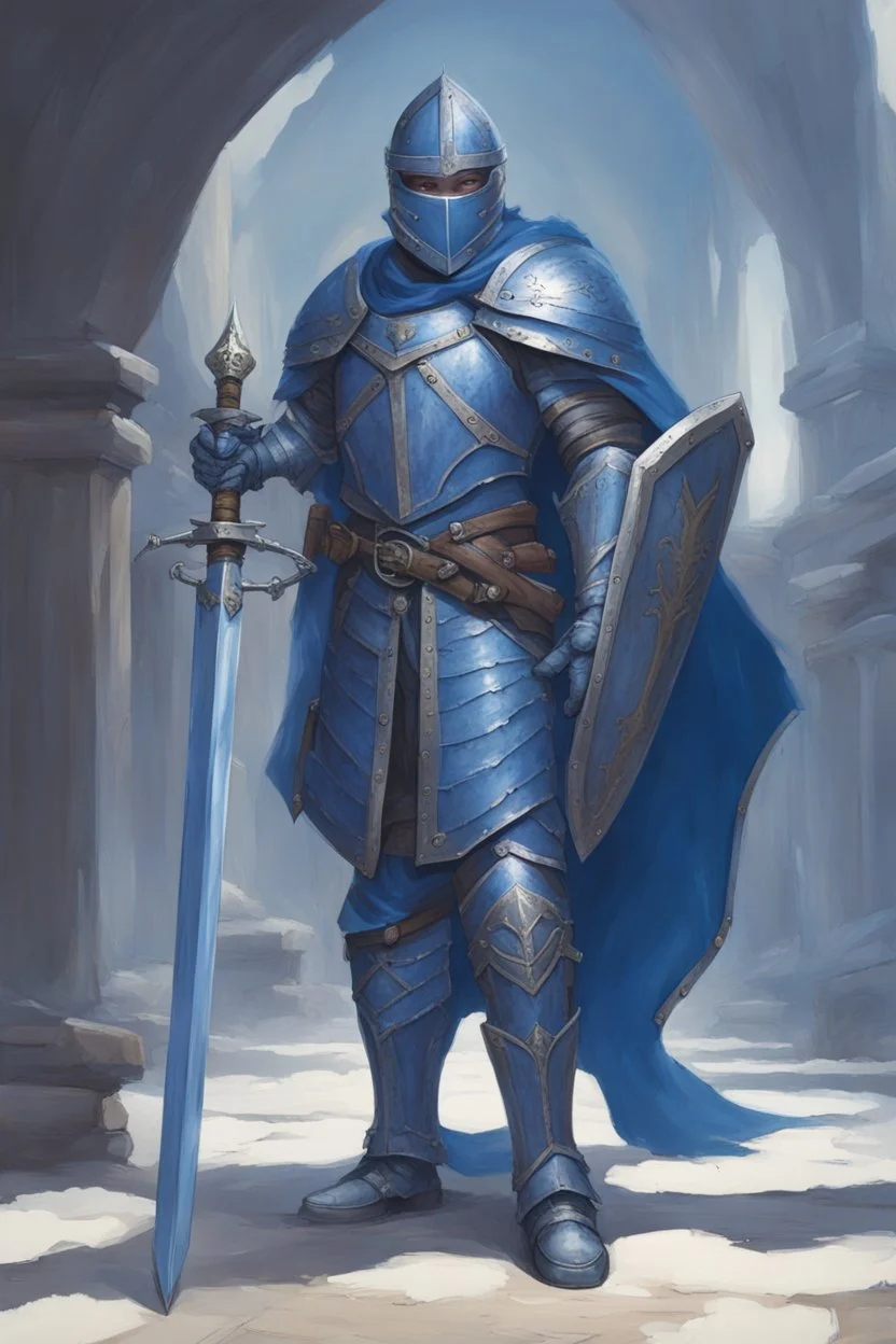 Knight wearing blue armor and blue cape with blue mask, holding a sword and shield