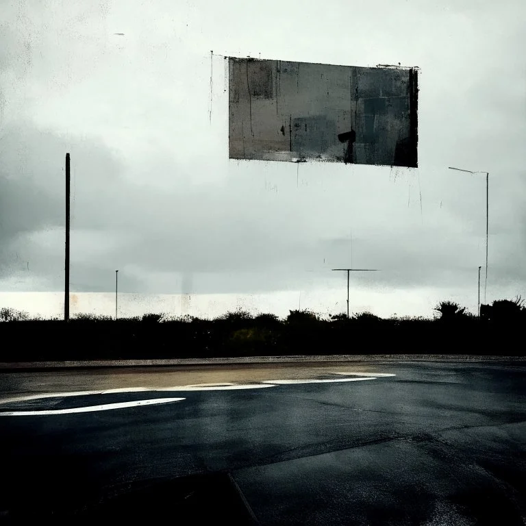 Minimal contemporary abstract oil paintings of desolate 1960s carpark with road markings and concrete fragments. Overlay with grungy typography graphics. style of Justin Mortimer and Francis Bacon.