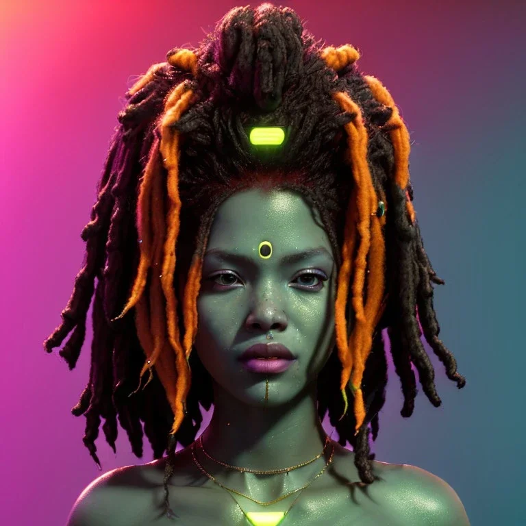 Pretty cyber woman, rasta hair, sci-fi, rounded face, black, gold, brown, samurai style, retro, simetric, neon style, a lot of led lights, fog, rain, leather, vibrant color, highly detailed, art stations, concept art, smooth, unreal engine 5, god rays, ray tracing, RTX, lumen lighting, ultra detail, volumetric lighting, 3d, finely drawn, high definition, high resolution.